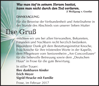 Traueranzeige von Ilse Gruß von Mitteldeutsche Zeitung Aschersleben