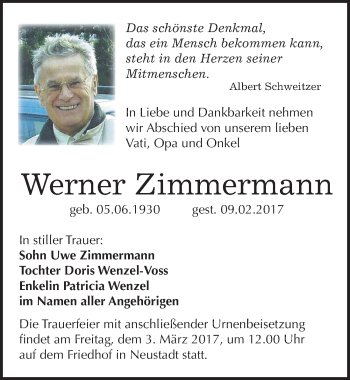 Traueranzeige von Werner Zimmermann von Mitteldeutsche Zeitung Halle/Saalkreis