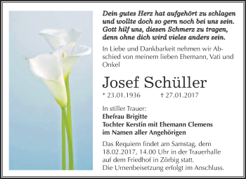 Traueranzeige von Josef Schüller von WVG - Wochenspiegel Bitterfeld