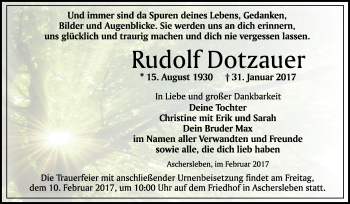 Traueranzeige von Rudolf Dotzauer von Super Sonntag SGH Mansf. Land