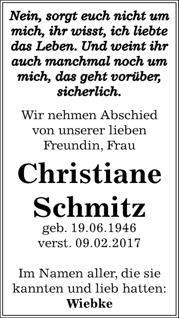 Traueranzeige von Christiane Schmitz von Mitteldeutsche Zeitung Bernburg