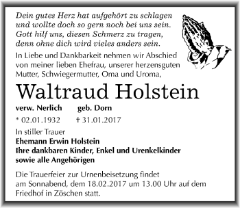 Traueranzeige von Waltraud Holstein von Mitteldeutsche Zeitung Merseburg/Querfurt
