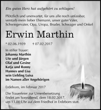 Traueranzeige von Erwin Marthin von Mitteldeutsche Zeitung Mansfelder Land