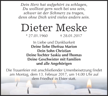 Traueranzeige von Dieter Meske von Super Sonntag Wittenberg