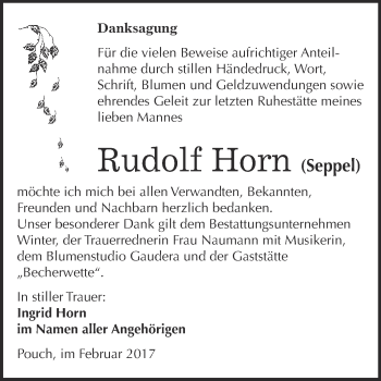 Traueranzeige von Rudolf Horn von WVG - Wochenspiegel Bitterfeld