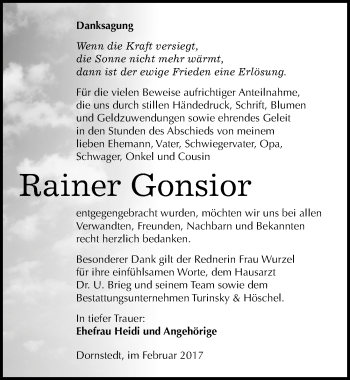 Traueranzeige von Rainer Gonsior von Mitteldeutsche Zeitung Merseburg/Querfurt