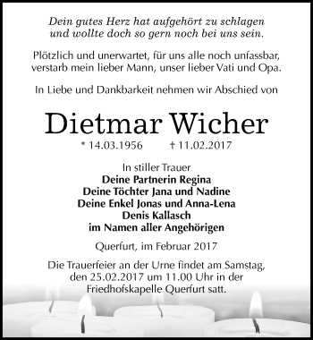 Traueranzeige von Dietmar Wicher von Mitteldeutsche Zeitung Merseburg/Querfurt