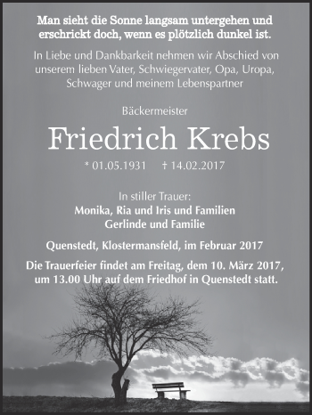 Traueranzeige von Friedrich Krebs von Super Sonntag SGH Mansf. Land