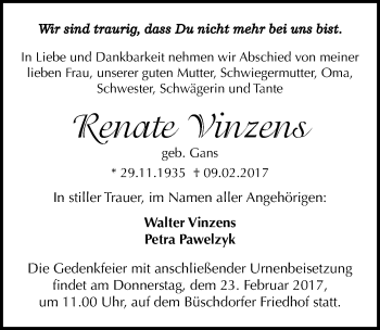 Traueranzeige von Renate Vinzens von Mitteldeutsche Zeitung Halle/Saalkreis