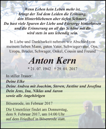 Traueranzeige von Anton Kern von Super Sonntag SGH Mansf. Land