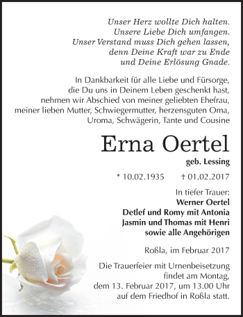 Traueranzeige von Erna Oertel von Mitteldeutsche Zeitung Sangerhausen