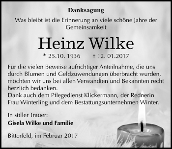 Traueranzeige von Heinz Wilke von Mitteldeutsche Zeitung Bitterfeld