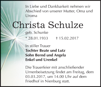 Traueranzeige von Christa Schulze von Mitteldeutsche Zeitung Bernburg