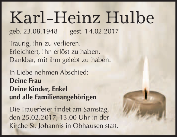 Traueranzeige von Karl-Heinz Hulbe von Super Sonntag Halle