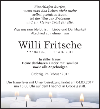 Traueranzeige von Willi Fritsche von Mitteldeutsche Zeitung Köthen