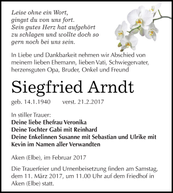 Traueranzeige von Siegfried Arndt von WVG - Wochenspiegel Dessau / Köthen