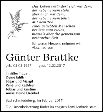 Traueranzeige von Günter Brattke von Mitteldeutsche Zeitung Wittenberg