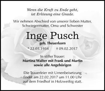 Traueranzeige von Inge Pusch von Mitteldeutsche Zeitung Bitterfeld