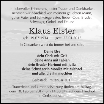 Traueranzeige von Klaus Elster von Super Sonntag SGH Mansf. Land