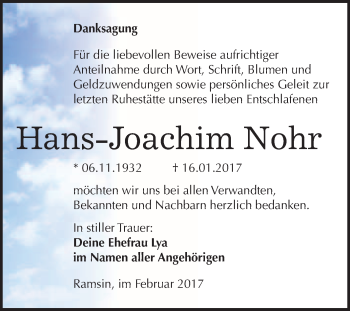 Traueranzeige von Hans-Joachim Nohr von WVG - Wochenspiegel Bitterfeld