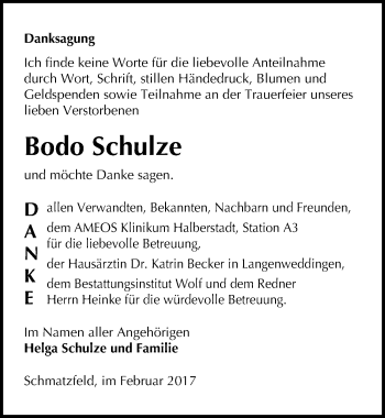 Traueranzeige von Bodo Schulze von Mitteldeutsche Zeitung Quedlinburg