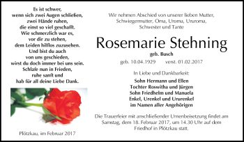 Traueranzeige von Rosemarie Stehning von Super Sonntag Bernburg