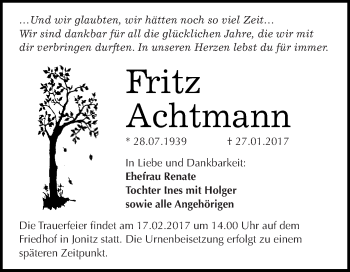 Traueranzeige von Fritz Achtmann von WVG - Wochenspiegel Dessau / Köthen