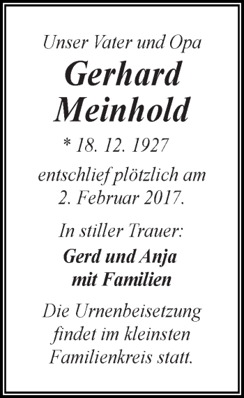 Traueranzeige von Gerhard Meinhold von Super Sonntag SGH Mansf. Land