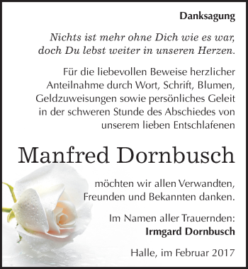Traueranzeige von Manfred Dornbusch von Mitteldeutsche Zeitung Halle/Saalkreis