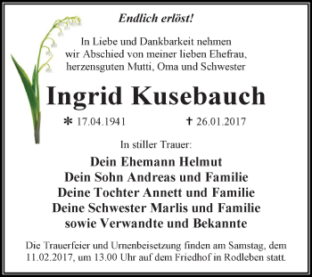 Traueranzeige von Ingrid Kusebauch von WVG - Wochenspiegel Dessau / Köthen