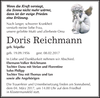 Traueranzeige von Doris Reichmann von Mitteldeutsche Zeitung Mansfelder Land
