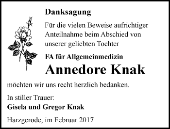 Traueranzeige von Annedore Knak von Mitteldeutsche Zeitung Quedlinburg