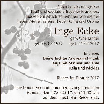 Traueranzeige von Inge Ecke von Super Sonntag Quedlinburg