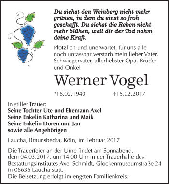 Traueranzeige von Werner Vogel von Mitteldeutsche Zeitung Naumburg/Nebra