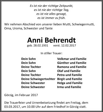 Traueranzeige von Anni Behrendt von Mitteldeutsche Zeitung Köthen