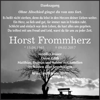 Traueranzeige von Horst Frommherz von WVG - Wochenspiegel Bitterfeld