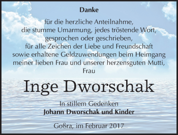 Traueranzeige von Inge Dworschak von Mitteldeutsche Zeitung Zeitz