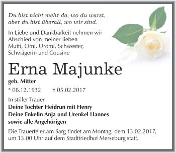 Traueranzeige von Erna Majunke von Mitteldeutsche Zeitung Merseburg/Querfurt