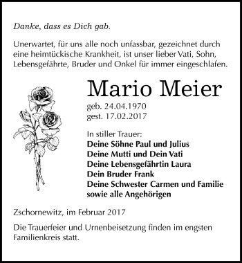 Traueranzeige von Mario Meier von Mitteldeutsche Zeitung Wittenberg