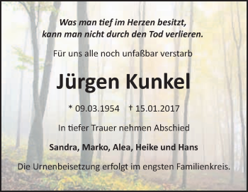 Traueranzeige von Jürgen Kunkel von WVG - Wochenspiegel Bitterfeld