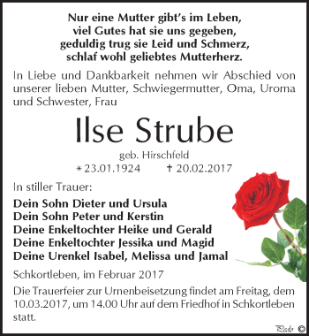 Traueranzeige von Ilse Strube von Mitteldeutsche Zeitung Weißenfels