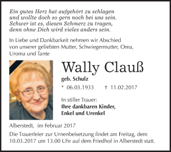 Traueranzeige von Wally Clauß von Super Sonntag Halle