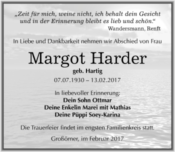 Traueranzeige von Margot Harder von Mitteldeutsche Zeitung Mansfelder Land