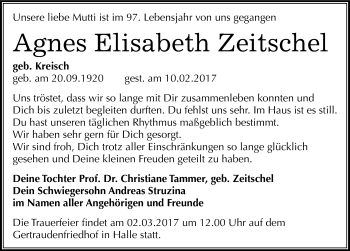 Traueranzeige von Agnes Elisabeth Zeitschel von Mitteldeutsche Zeitung Halle/Saalkreis