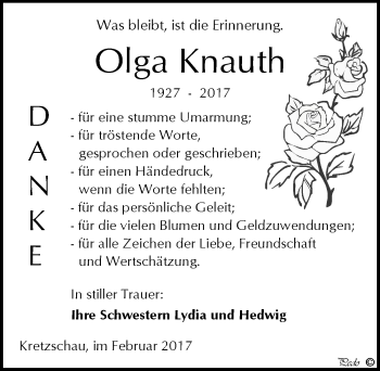 Traueranzeige von Olga Knauth von Mitteldeutsche Zeitung Zeitz