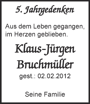 Traueranzeige von Klaus-Jürgen Bruchmüller von WVG - Wochenspiegel Dessau / Köthen