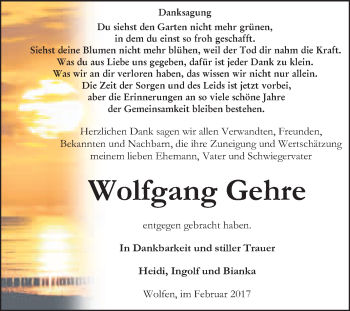 Traueranzeige von Wolfgang Gehre von WVG - Wochenspiegel Bitterfeld