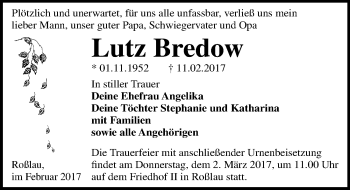 Traueranzeige von Lutz Bredow von Mitteldeutsche Zeitung Dessau-Roßlau