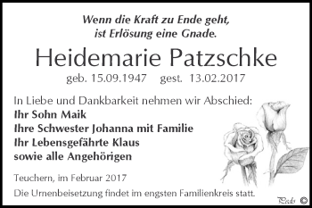 Traueranzeige von Heidemarie Patzschke von WVG - Wochenspiegel NMB / WSF / ZTZ