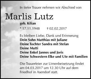 Traueranzeige von Marlis Lutz von Mitteldeutsche Zeitung Halle/Saalkreis